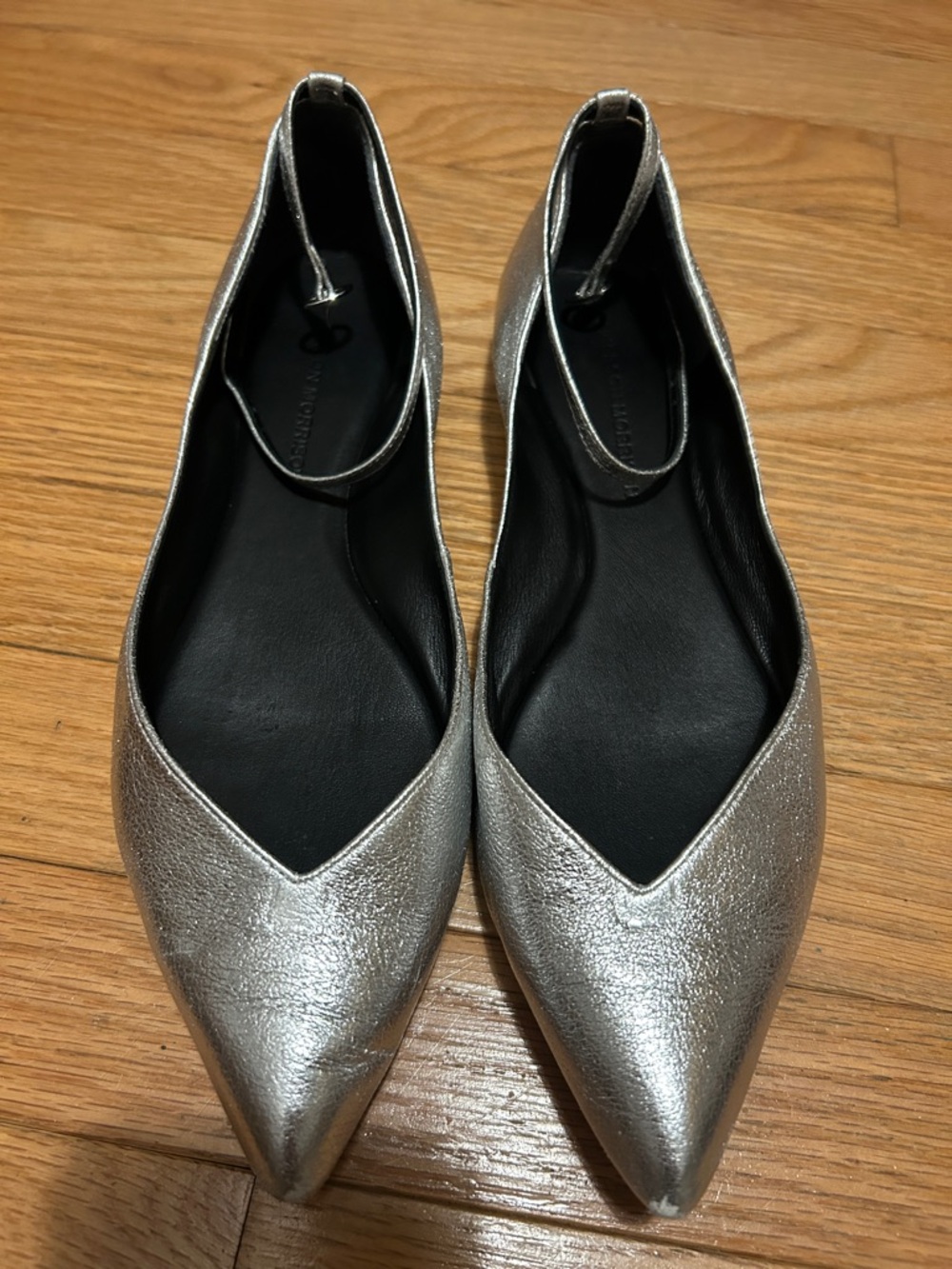 Sigerson Morrison Metallic Silver Pointed Toe Ankle-Strap Flats